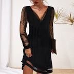Women's Party Long Sleeve Mini Dress with V-Neck and Open Hem