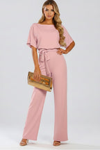 Women's Party Wide Leg Jumpsuit with Tie Belt