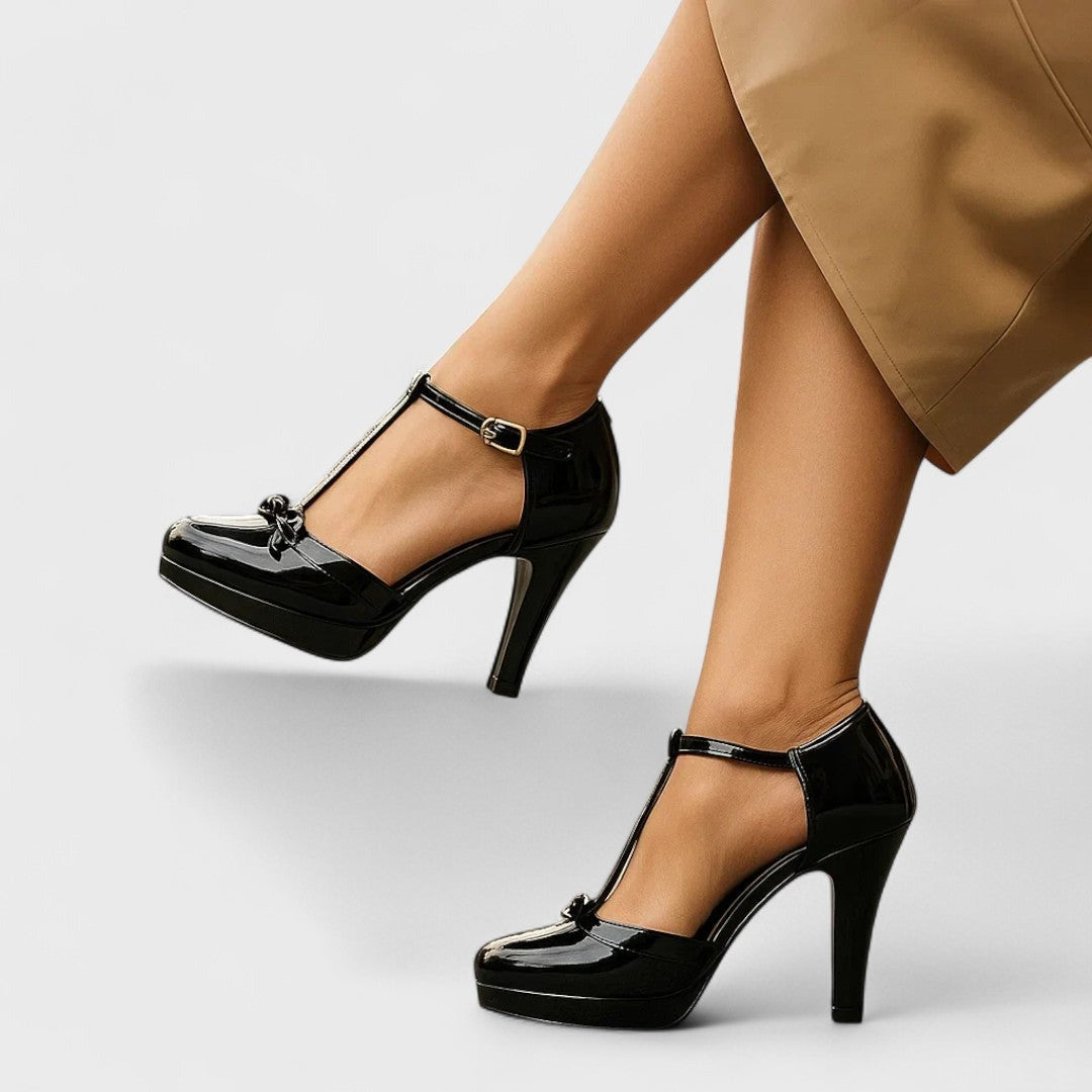 Women's Platform Heeled Stilettos with T-Bar Strap and Bow Detail