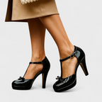 Women's Platform Heeled Stilettos with T-Bar Strap and Bow Detail