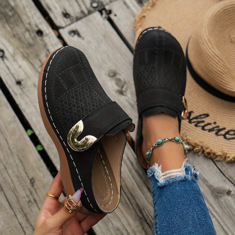 Women's Platform Slip On Shoes with Gold Buckle Detail