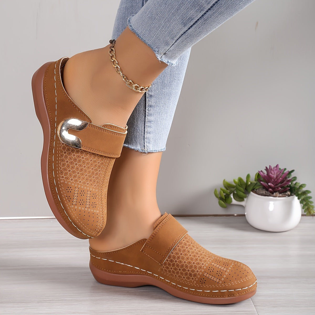 Women's Platform Slip On Shoes with Gold Buckle Detail