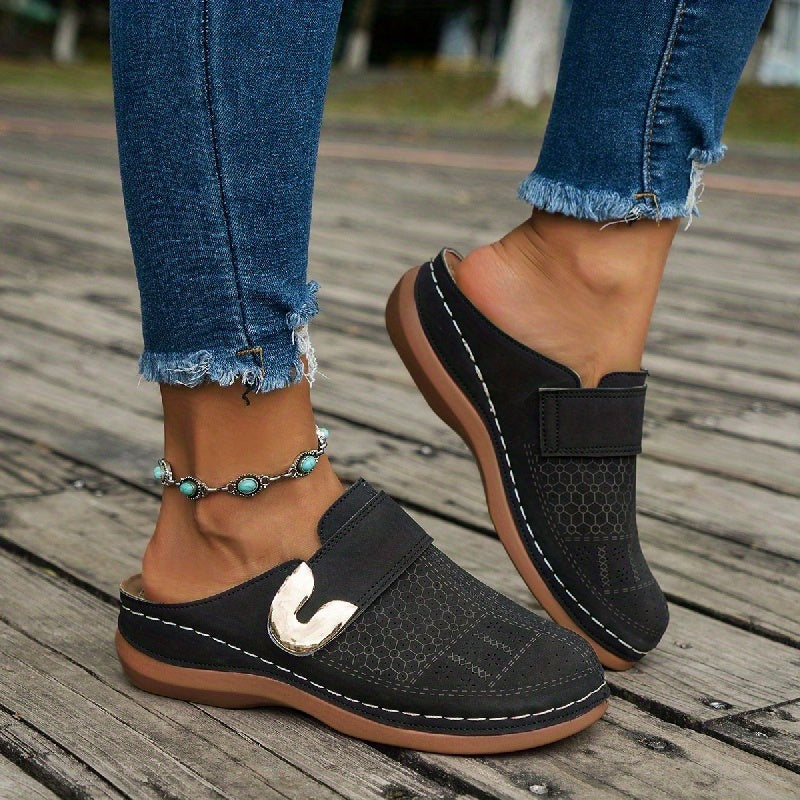 Women's Platform Slip On Shoes with Gold Buckle Detail