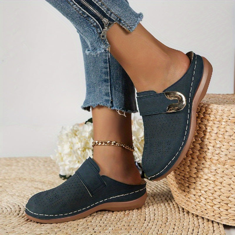 Women's Platform Slip On Shoes with Gold Buckle Detail