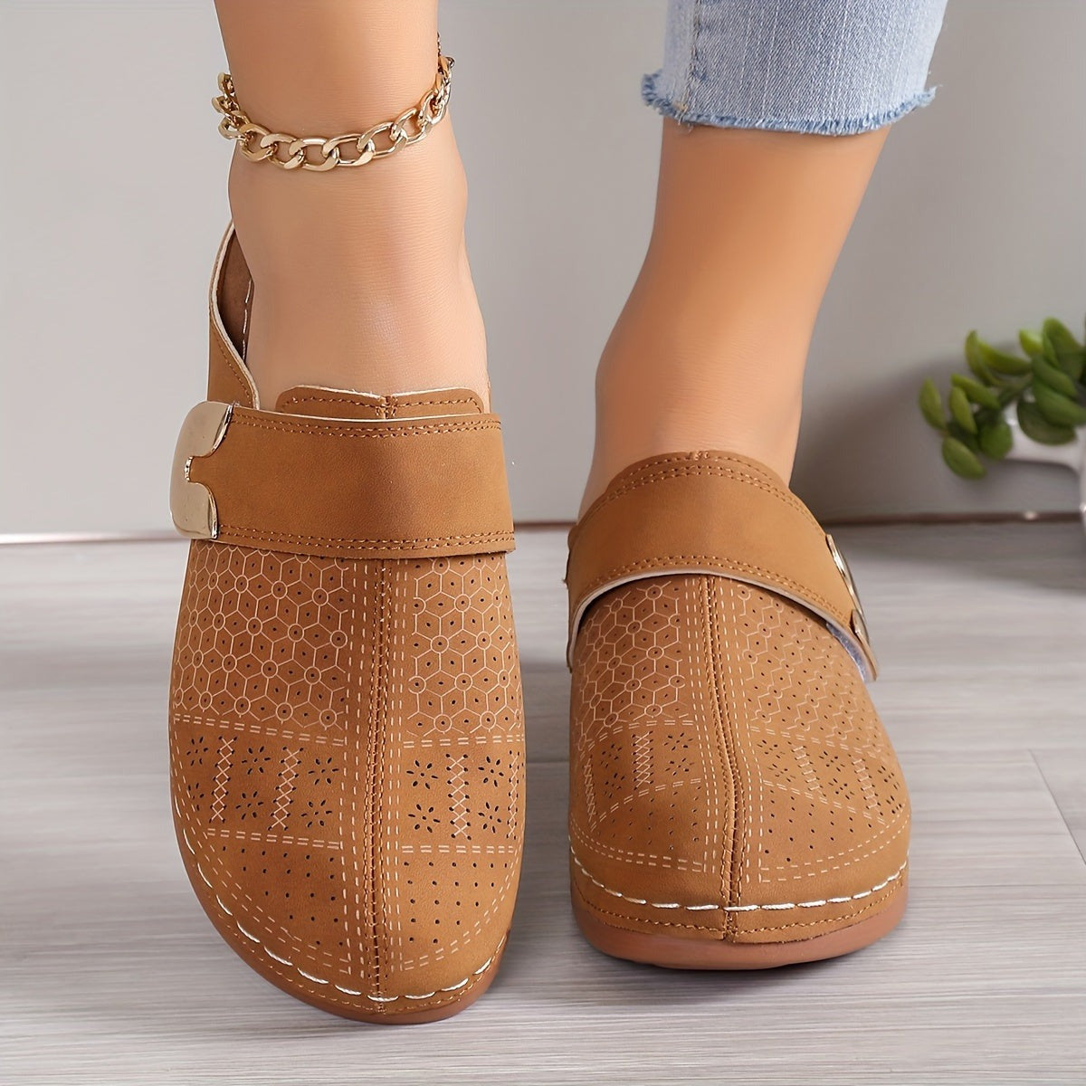 Women's Platform Slip On Shoes with Gold Buckle Detail