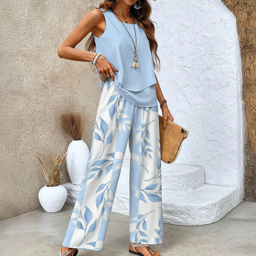 Women's Sleeveless Top and Wide-Leg Trousers Set with Layered Hem Top and Leaf Print Trousers