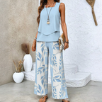 Women's Sleeveless Top and Wide-Leg Trousers Set with Layered Hem Top and Leaf Print Trousers