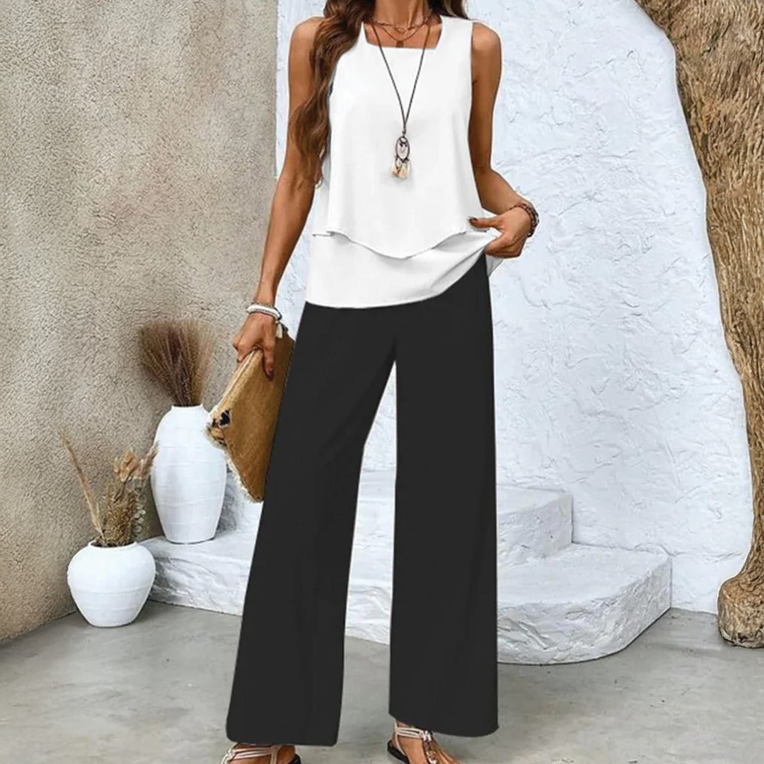 Women's Sleeveless Top and Wide-Leg Trousers Set with Layered Hem Top and Leaf Print Trousers