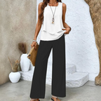 Women's Sleeveless Top and Wide-Leg Trousers Set with Layered Hem Top and Leaf Print Trousers