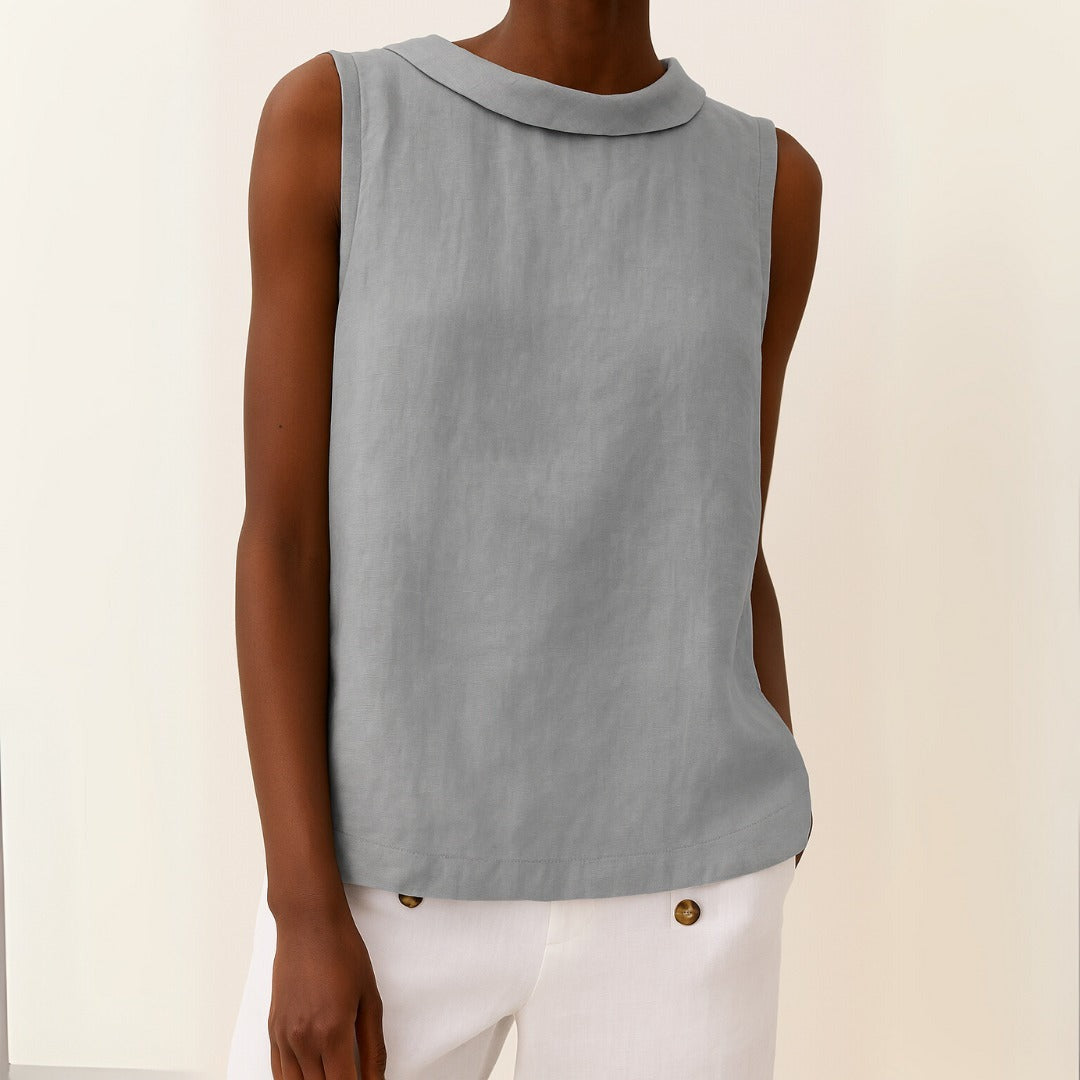 Women's Sleeveless Top with Folded Roll Collar and Center Back Seam