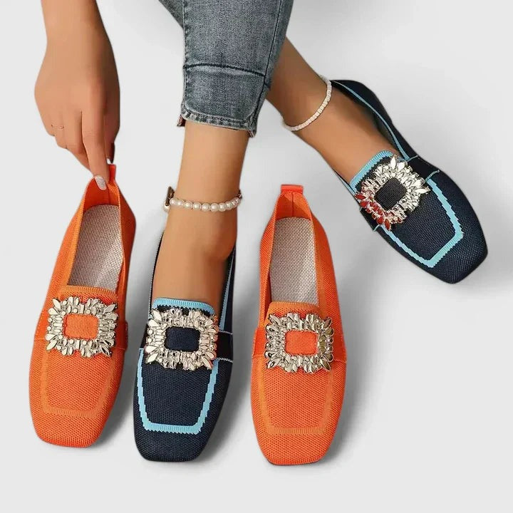 Women's Slip On Loafers with Embellished Square Buckle
