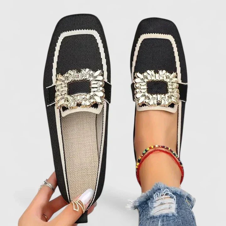 Women's Slip On Loafers with Embellished Square Buckle