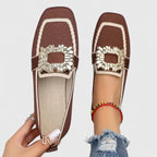 Women's Slip On Loafers with Embellished Square Buckle
