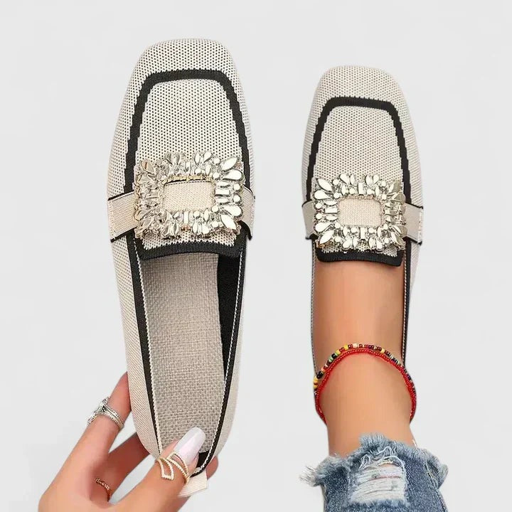 Women's Slip On Loafers with Embellished Square Buckle