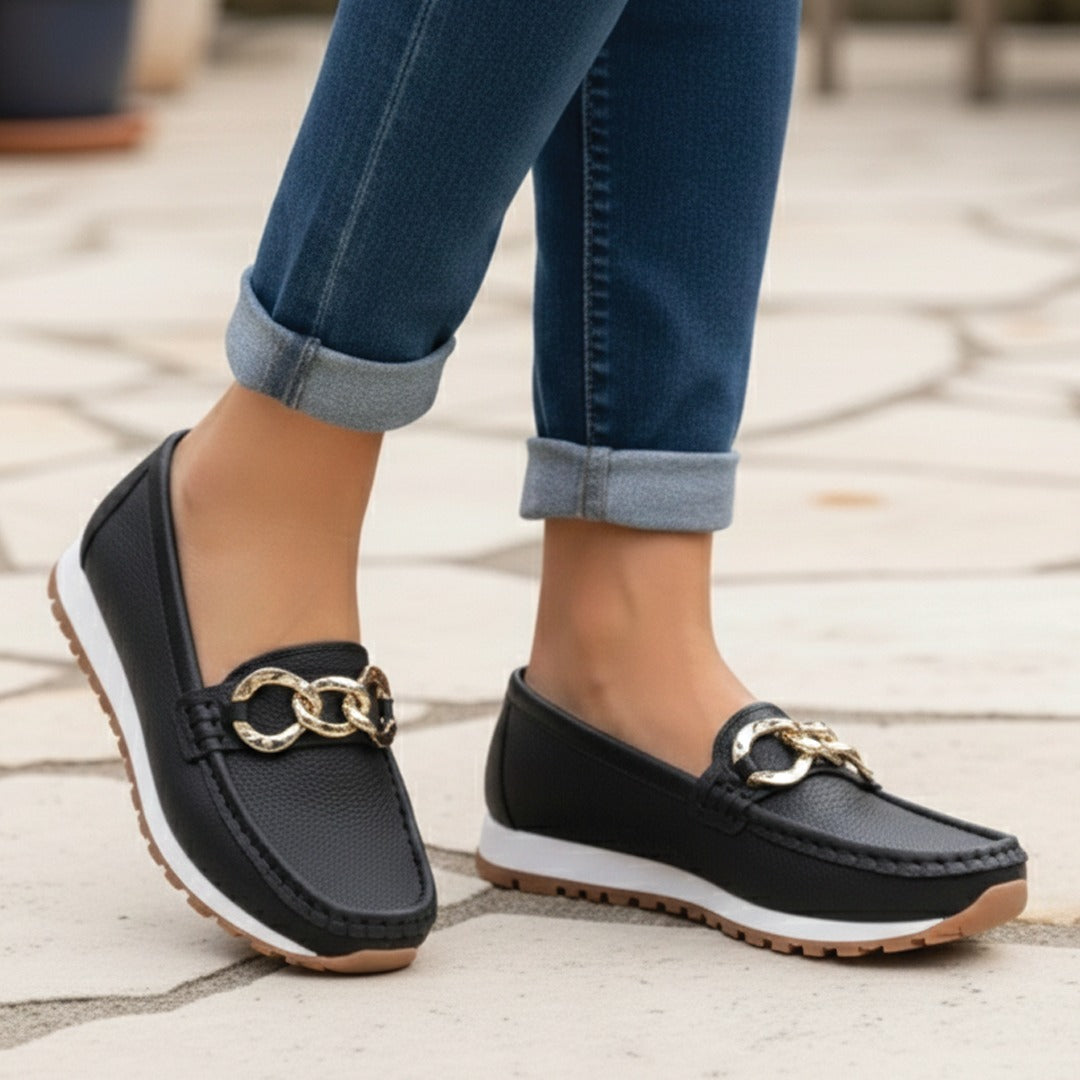 Women's Slip-On Loafers with Gold Chain Detail and Chunky Platform Sole