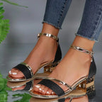 Women's Sparkly Heeled Sandals with Embellished Block Heel and Ankle Strap