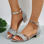 Women's Sparkly Heeled Sandals with Embellished Block Heel and Ankle Strap