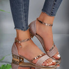 Women's Sparkly Heeled Sandals with Embellished Block Heel and Ankle Strap