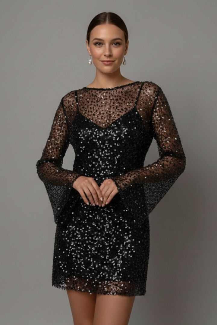 Women's Sparkly Party Mini Dress with Long Sleeve