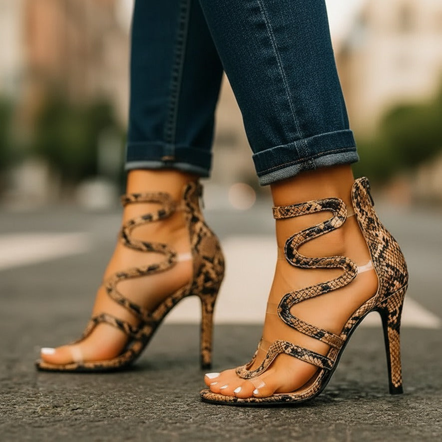 Women's Strappy Stilettos with Snake Print and Clear Panel
