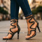 Women's Strappy Stilettos with Snake Print and Clear Panel
