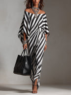 Women's Striped Maxi Dress with Off-Shoulder Neckline