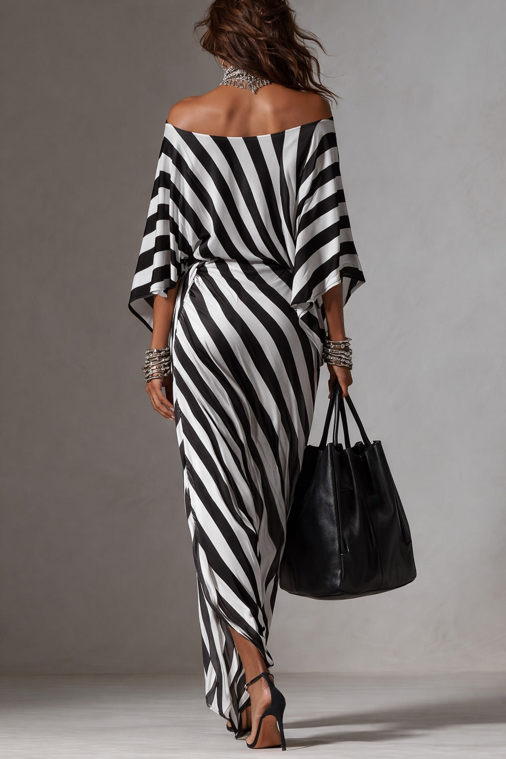 Women's Striped Maxi Dress with Off-Shoulder Neckline