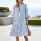Women's Striped Shirt Dress with Point Collar and Three-Tier Skirt