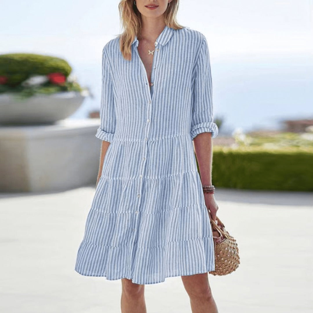 Women's Striped Shirt Dress with Point Collar and Three-Tier Skirt