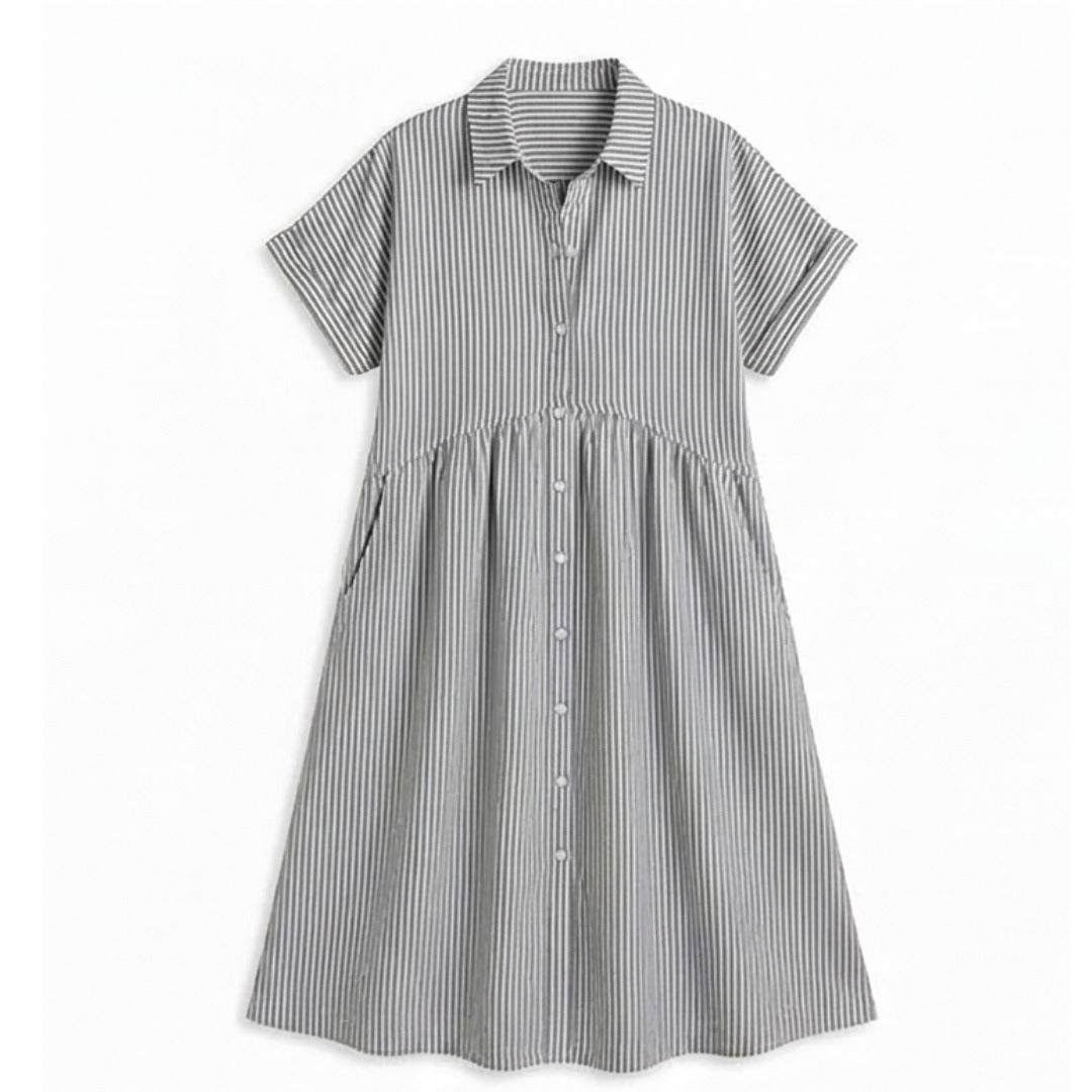 Women's Striped Shirt Midi Dress with Button Front and Pockets