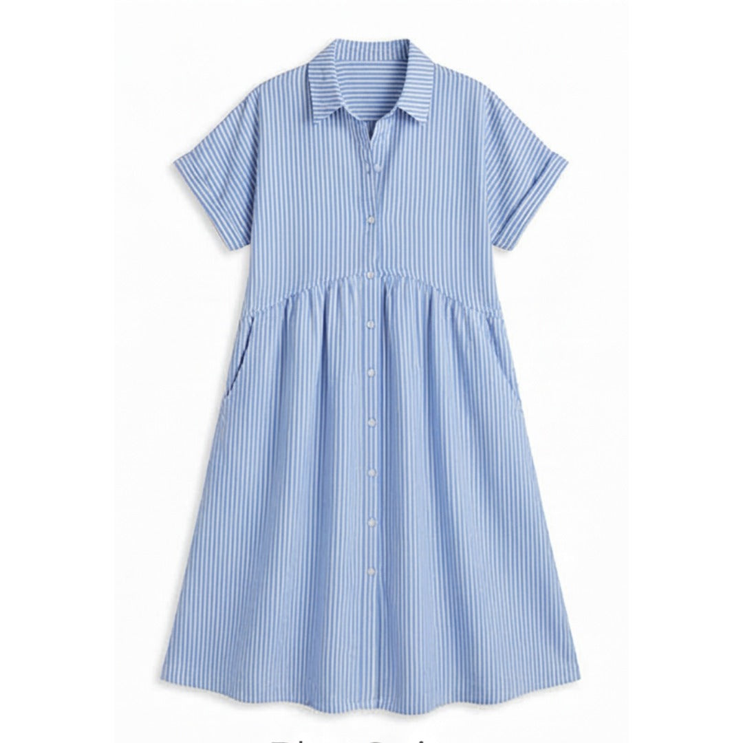 Women's Striped Shirt Midi Dress with Button Front and Pockets