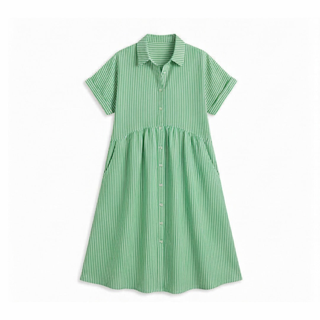 Women's Striped Shirt Midi Dress with Button Front and Pockets