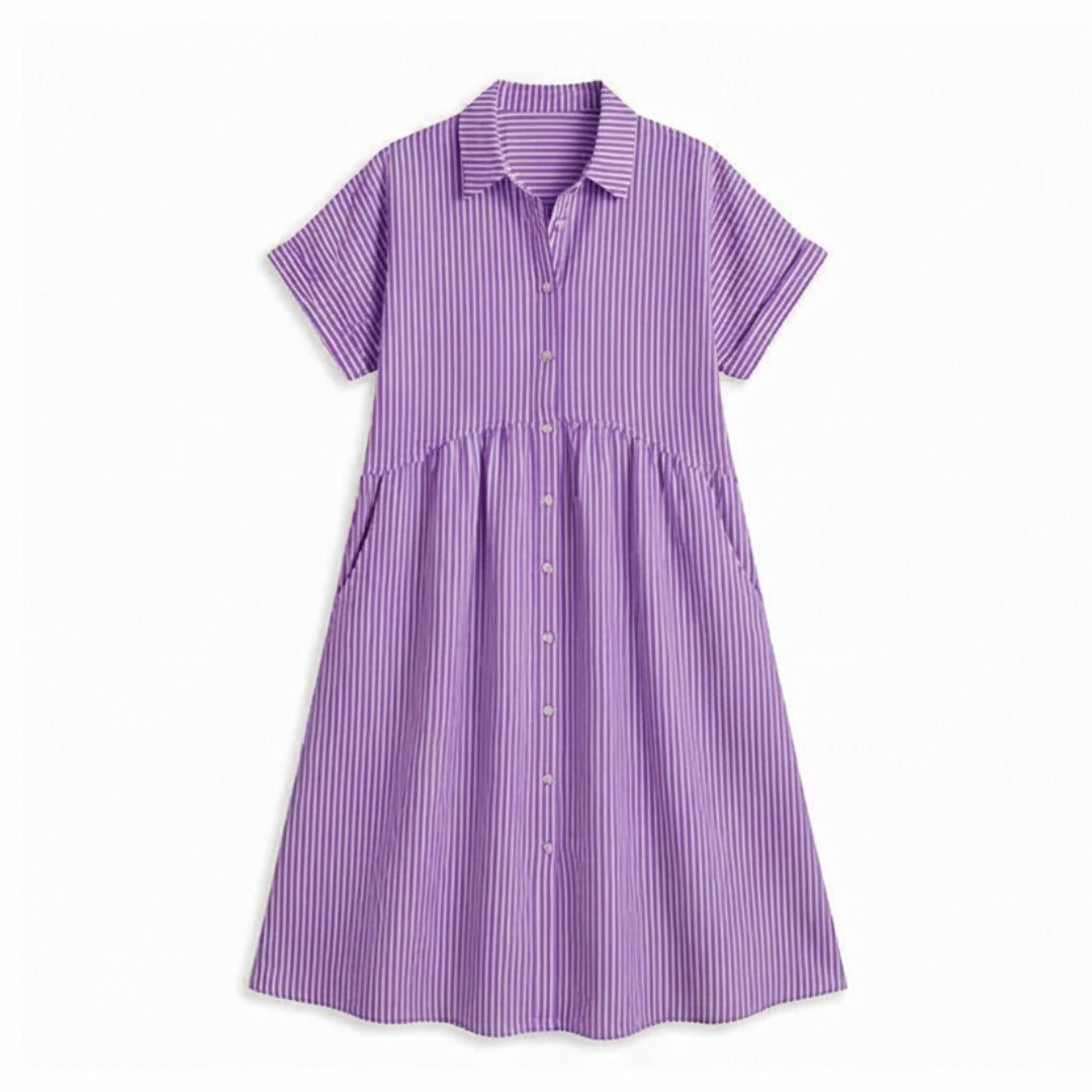 Women's Striped Shirt Midi Dress with Button Front and Pockets