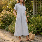 Women's Striped Shirt Midi Dress with Button Front and Pockets