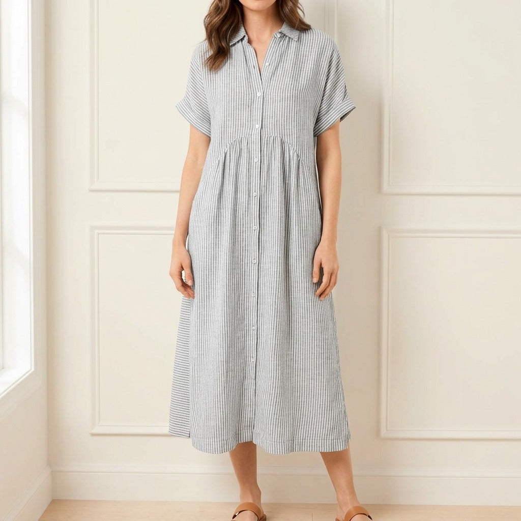 Women's Striped Shirt Midi Dress with Button Front and Pockets