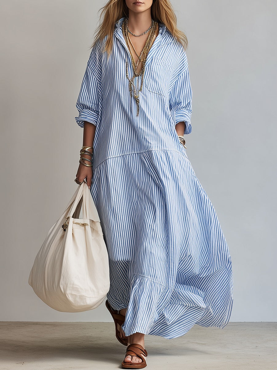 Women's Striped Summer Maxi Dress with Long Sleeves