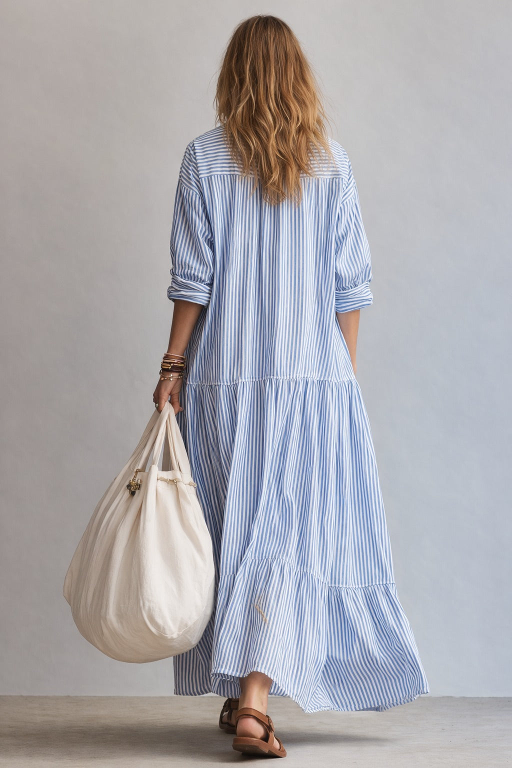 Women's Striped Summer Maxi Dress with Long Sleeves