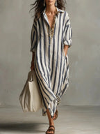 Women's Striped Summer Maxi Dress with V-Neck and Pockets