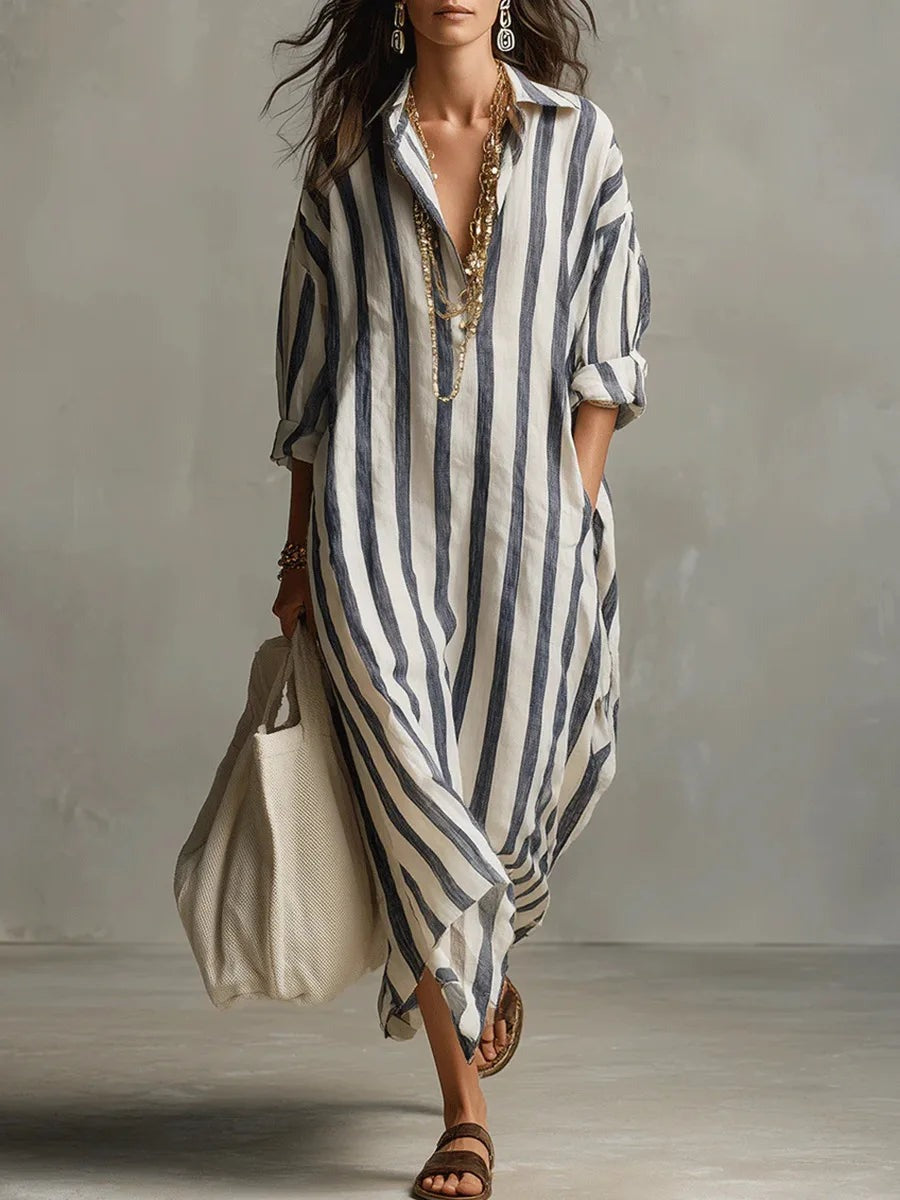 Women's Striped Summer Maxi Dress with V-Neck and Pockets
