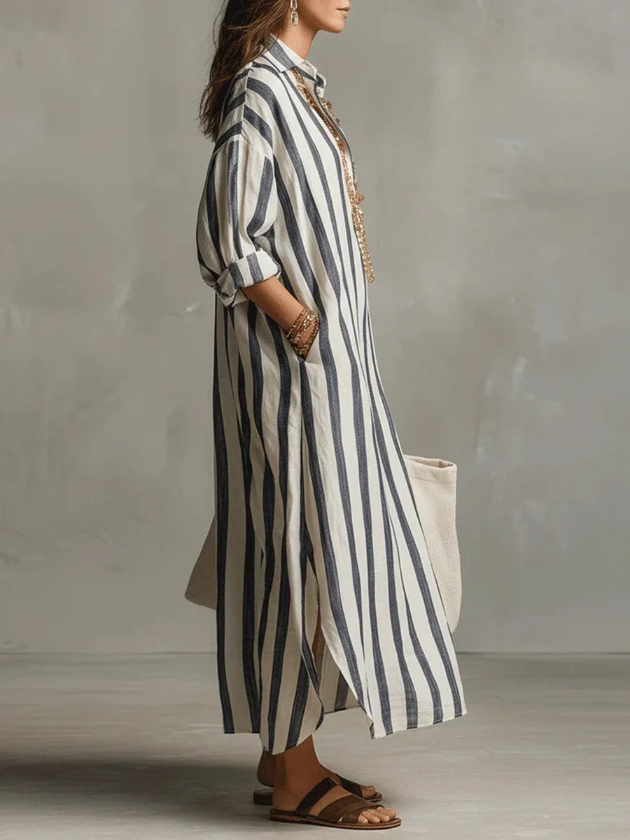 Women's Striped Summer Maxi Dress with V-Neck and Pockets