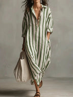 Women's Striped Summer Maxi Dress with V-Neck and Pockets