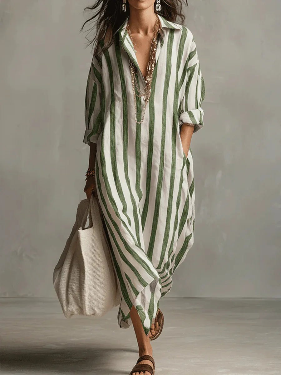 Women's Striped Summer Maxi Dress with V-Neck and Pockets