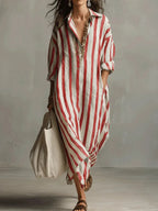 Women's Striped Summer Maxi Dress with V-Neck and Pockets
