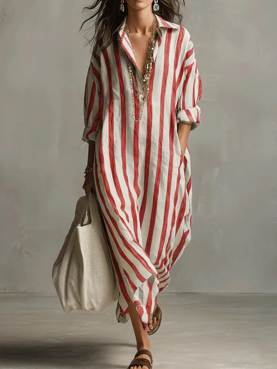 Women's Striped Summer Maxi Dress with V-Neck and Pockets