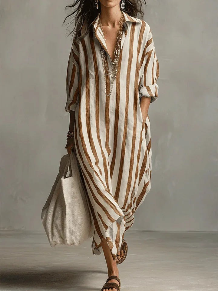 Women's Striped Summer Maxi Dress with V-Neck and Pockets