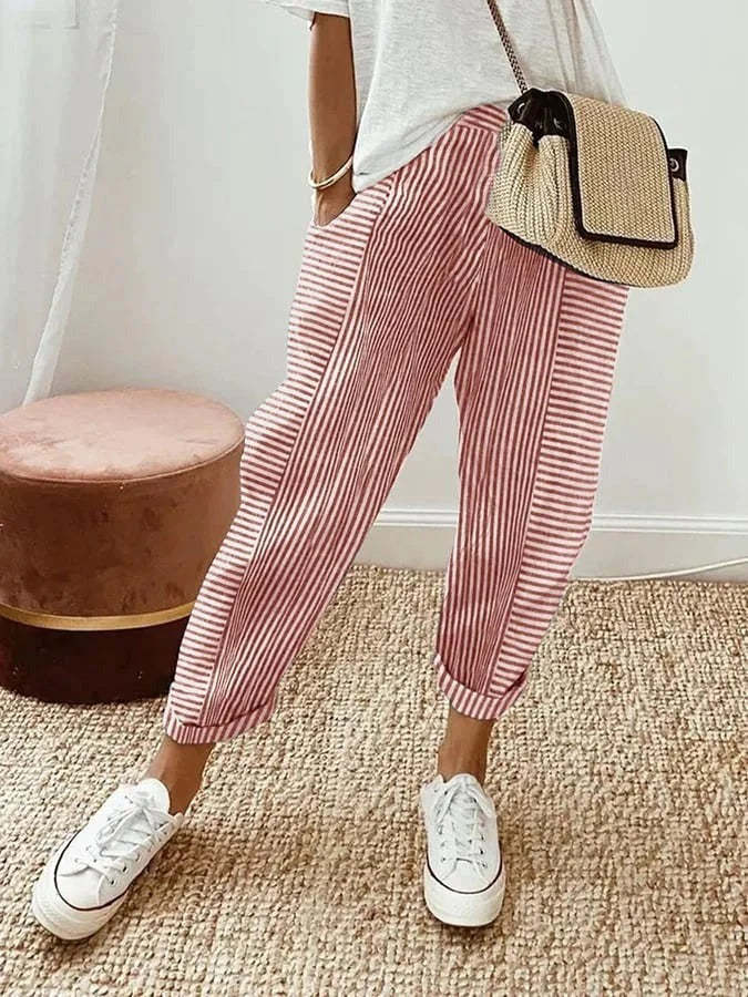Women's Striped Summer Pants with Cuffed Hem