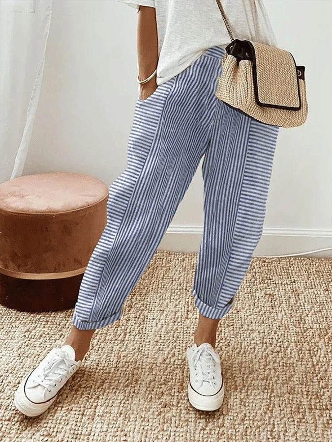 Women's Striped Summer Pants with Cuffed Hem