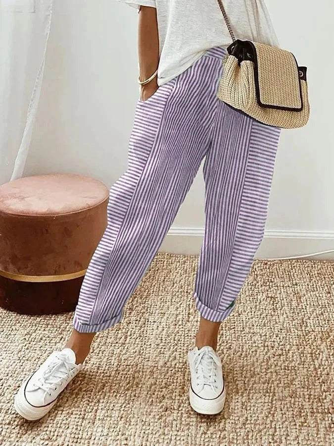 Women's Striped Summer Pants with Cuffed Hem
