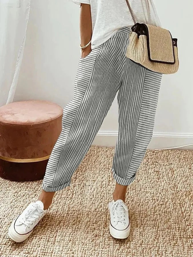 Women's Striped Summer Pants with Cuffed Hem