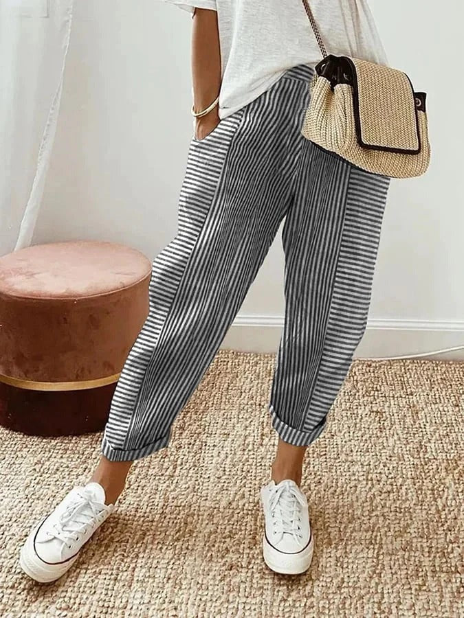 Women's Striped Summer Pants with Cuffed Hem